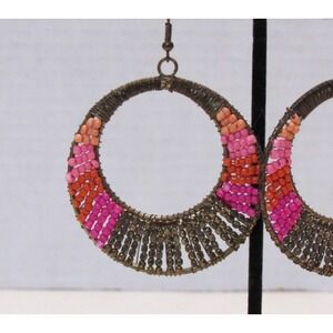 Round Microbead Dangle Circle Earrings Boho Chic Retro Kitschy Ethnic Folk Art